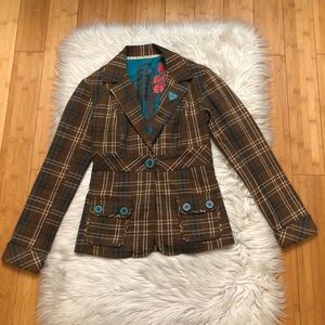 Lost Plaid Stripes Preppy Academic Notched Collar Brown Tan Blazer Jacket size S